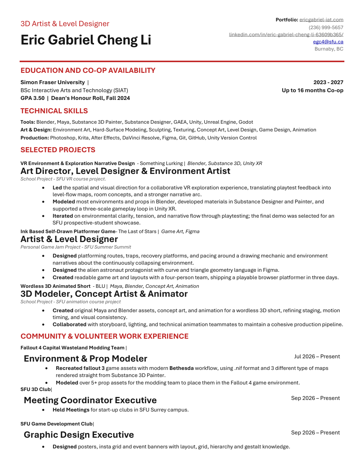 Preview of Eric Gabriel Cheng Li's one-page resume