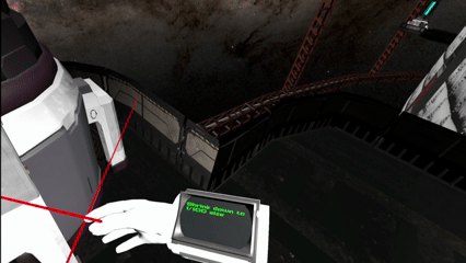 VR gameplay showing the player scaling down